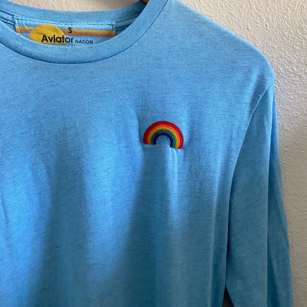 Aviator Nation Light Blue Rainbow Embroidered Long Sleeve Tee Shirt Small - Picture 2 of 6